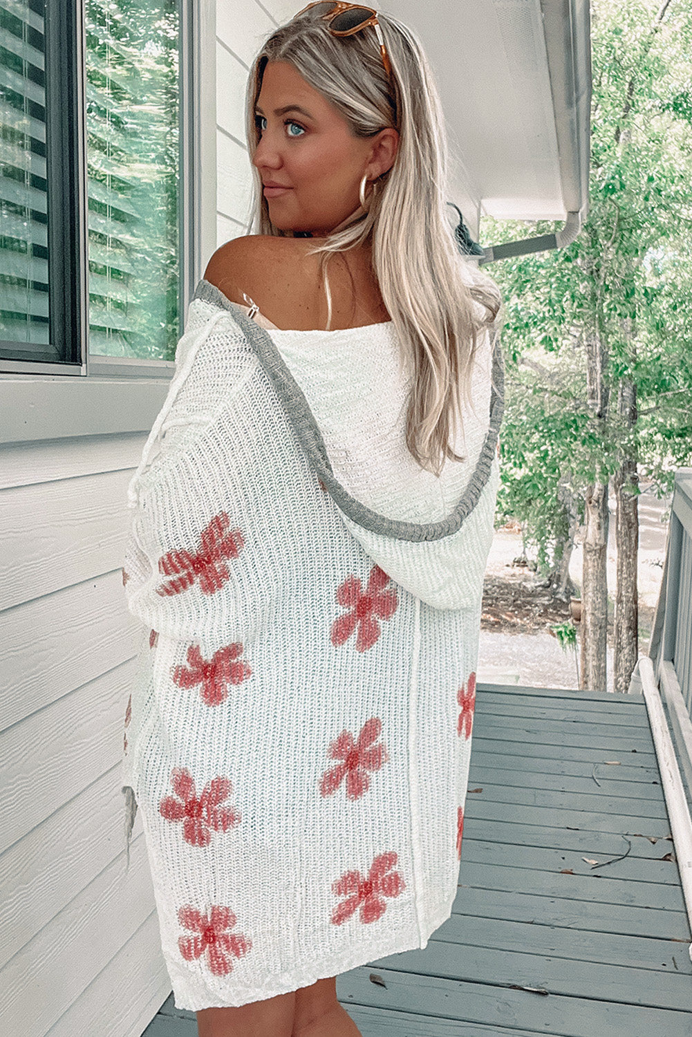 Wholesale White 60s Floral Print Oversized Knit Hooded Sweater