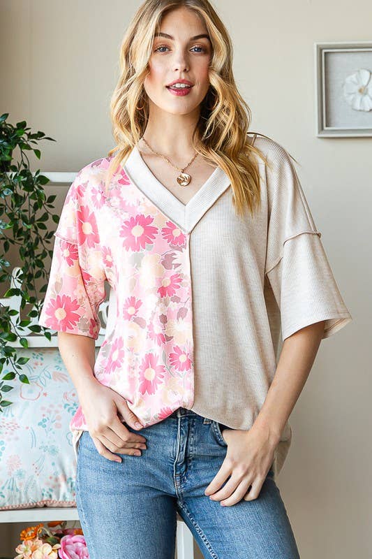 ET7547-12 SOLID AND FLORAL TOP: PEACH / 2-2-2 (1X-2X-3X)