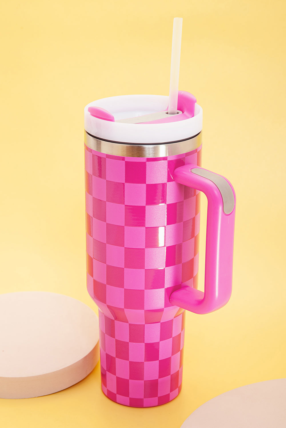 Pink Checkered Print Handled Stainless Steel Tumbler Cup