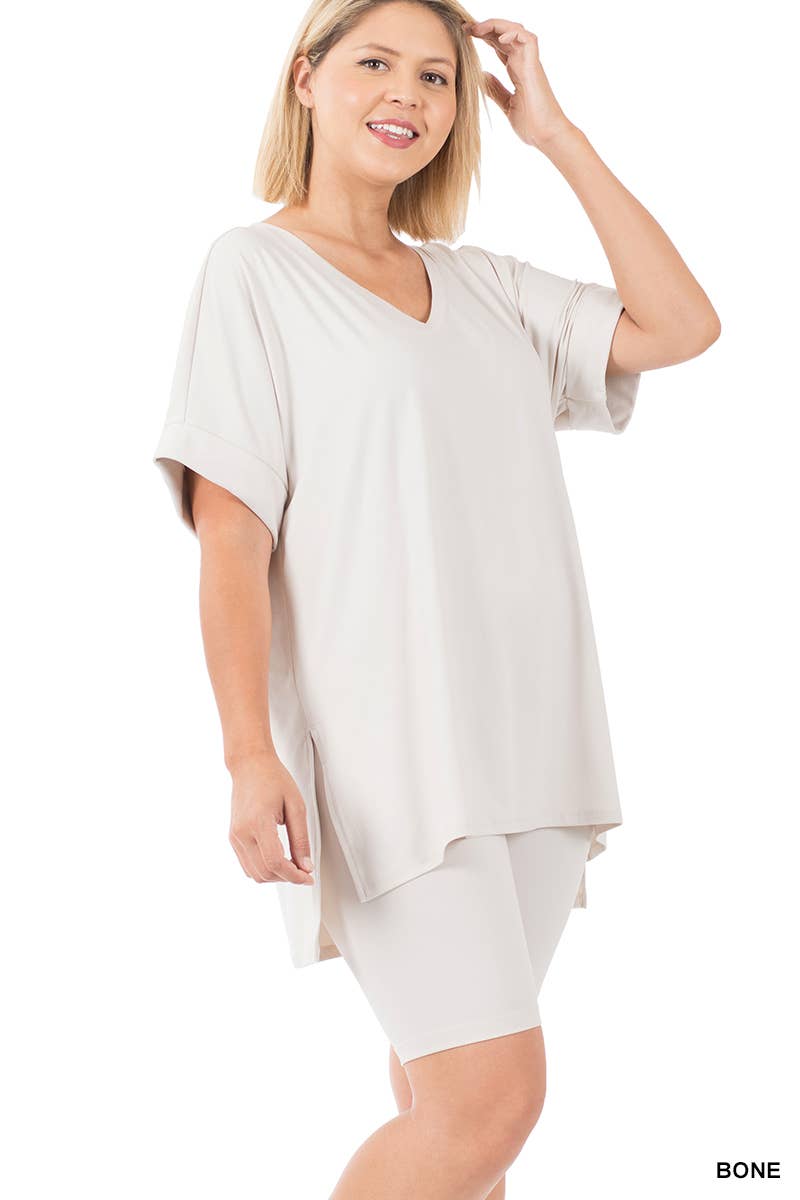 SI-19985 Plus size Hi Low Hem Top & Biker Shorts 2pc Set: +ASHGREY-139919 / 2X