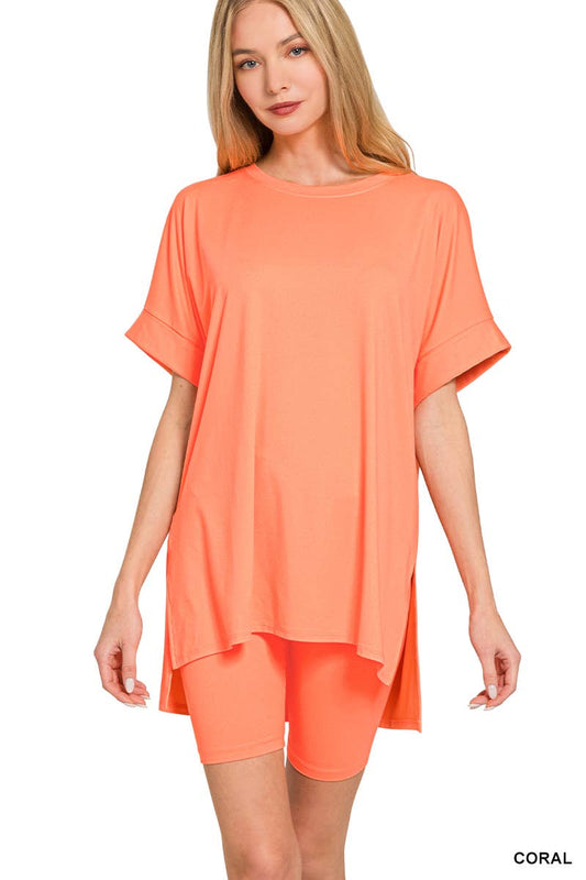 `.Microfiber Top & Biker Shorts 2 Pc Set: CORAL-184059 / XL