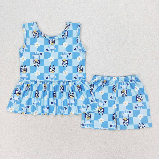 Sibling Baby Girls Dogs Flowers Tunic Top Shorts Clothes Sets: Blue / 14-16T