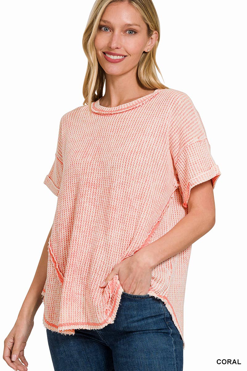 `.Washed Baby Waffle Top w/ back patch: DEEP SKY-162396 / L/XL