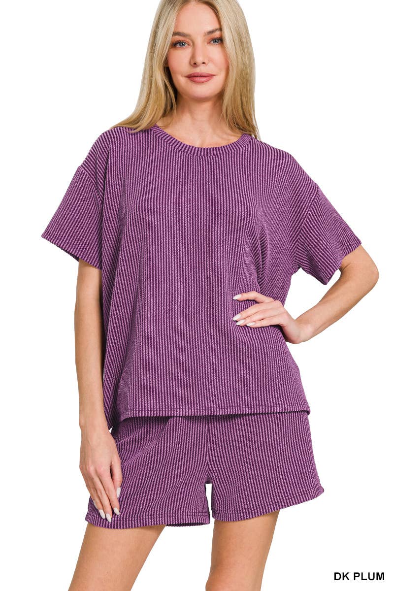 `.Corded Rib Short Sleeve Tee & Short Pants 2PC Set: DUSTY BLUE-183672 / M