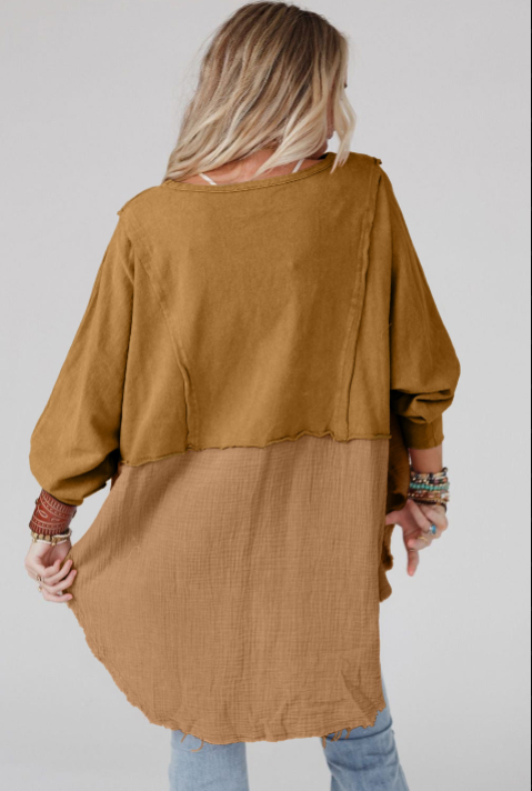 Crinkle Splicing Raw Hem High Low Oversized Blouse: Orange / 80%Polyester+20%Cotton / L