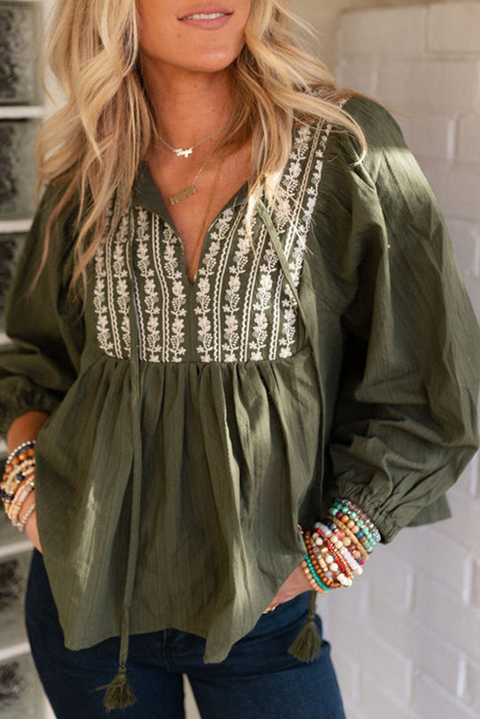 Wholesale Green Embroidered Split Neck Pleated Loose Blouse