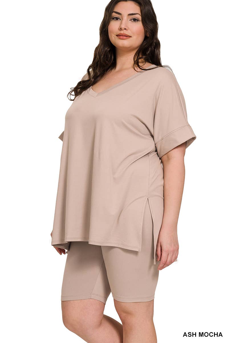 SI-19985 Plus size Hi Low Hem Top & Biker Shorts 2pc Set: +ASHGREY-139919 / 3X
