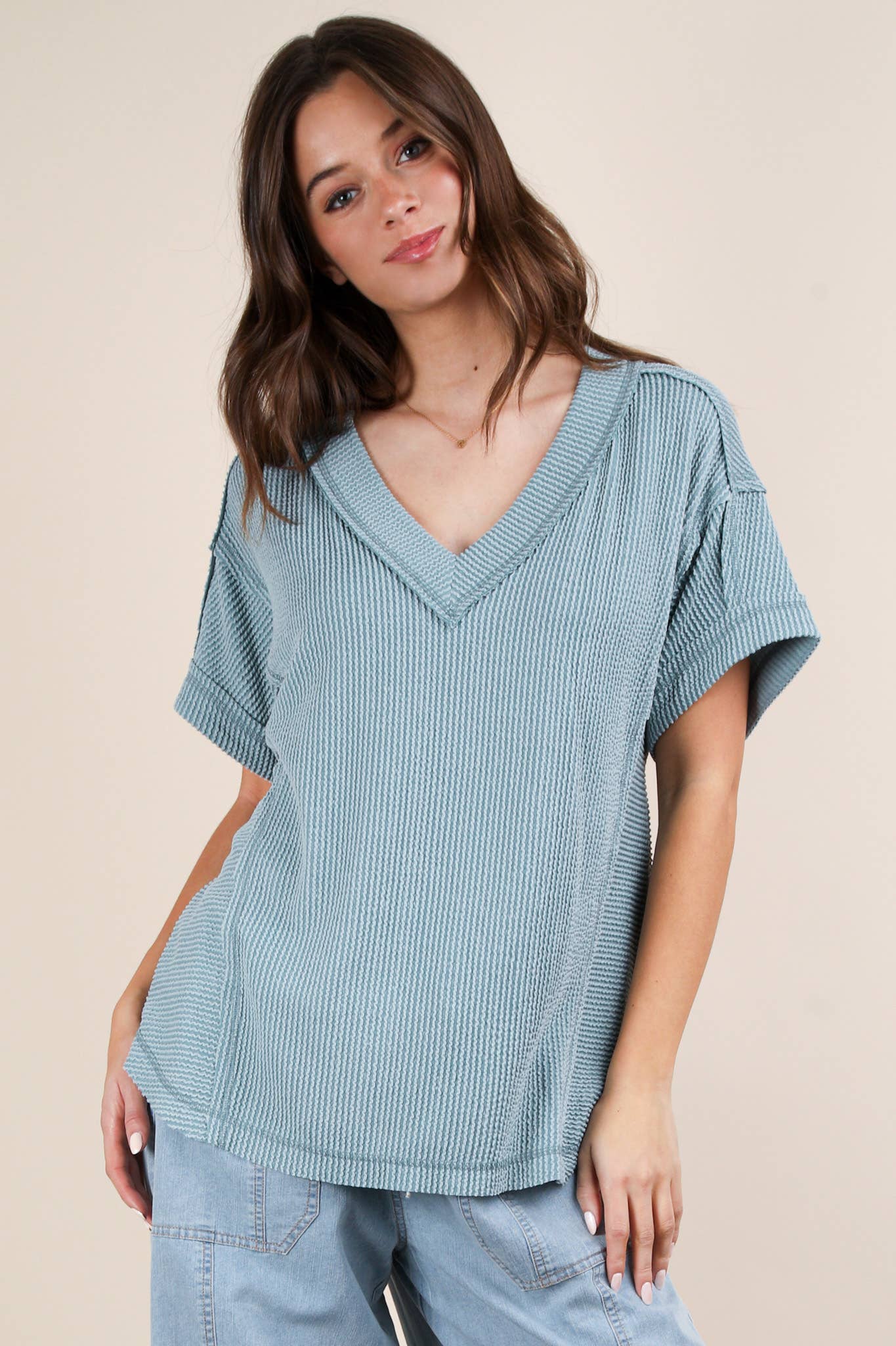 NT12075X-PLUS SIZE Soft Two Tone Casual Comfy Ribbed Knit To: PINK / 1XL-2XL-3XL/3-2-1