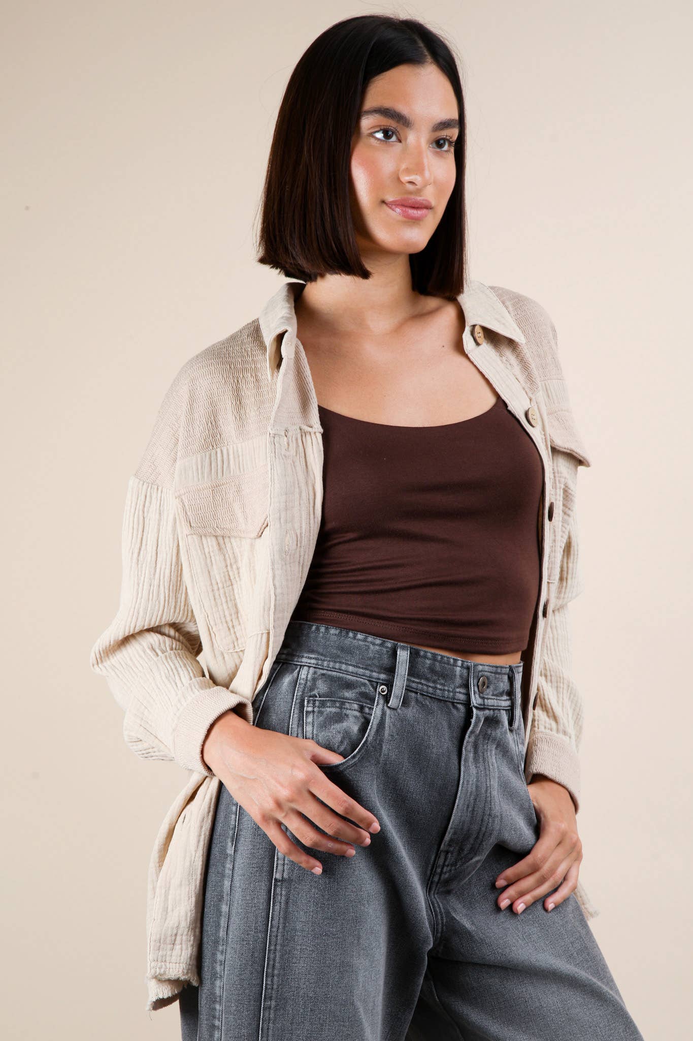 NJ90360-Mineral Washed Oversized Gauze Shacket Jacket: TAUPE / S-M-L/2-2-2