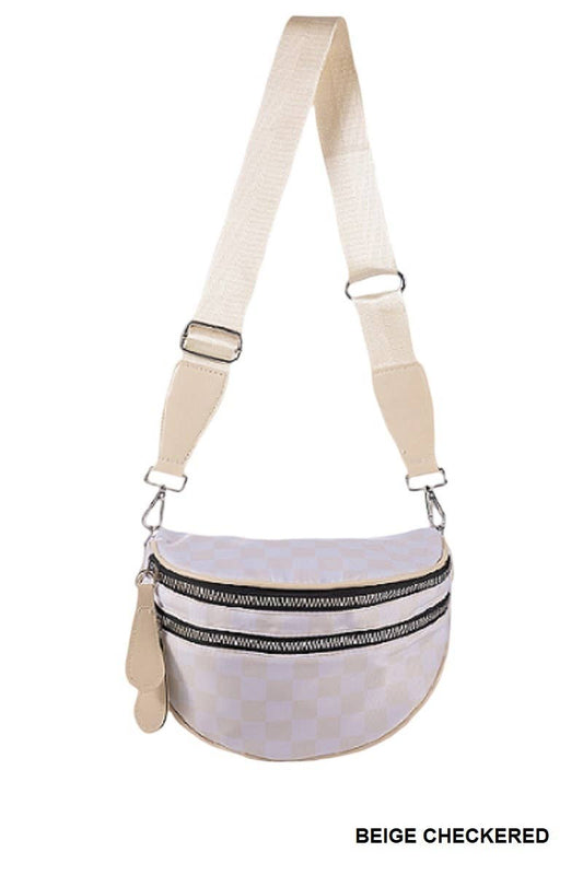 Double Zip Crescent Sling Bum Bag: BEIGE CHECKERED / 1 (ONE SIZE)