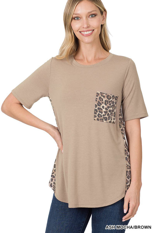 Contrast Side Panel Leopard Front Pocket Top: ASH MOCHA/BROWN / 1-1-2-2 (S-M-L-XL)