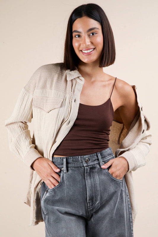 NJ90360-Mineral Washed Oversized Gauze Shacket Jacket: TAUPE / S-M-L/2-2-2