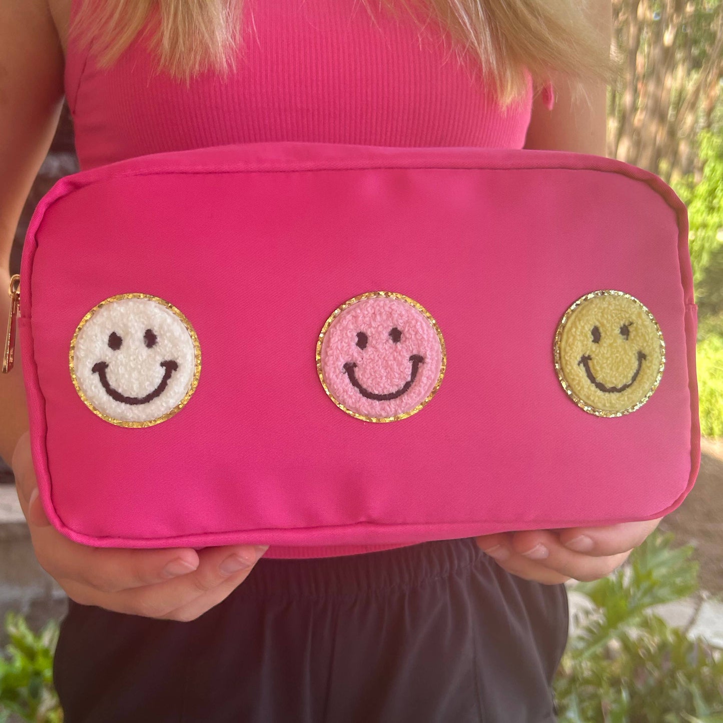 Cosmetic or Toiletry Bag with Varsity Letter Patches: Dark Pink with STUFF