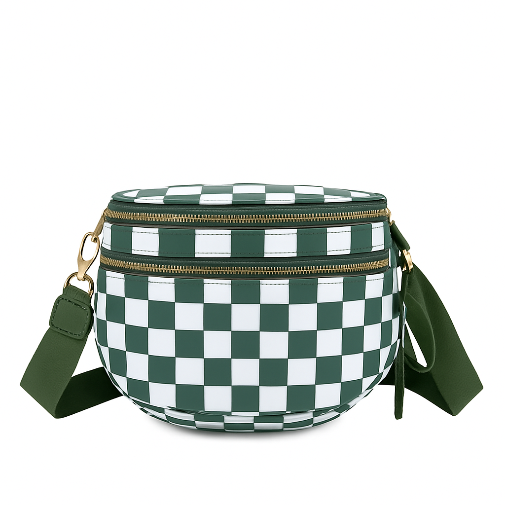 Paulina Nylon Waterproof Multi-Compartment 10" Crossbody Bag: Bean Green Checker