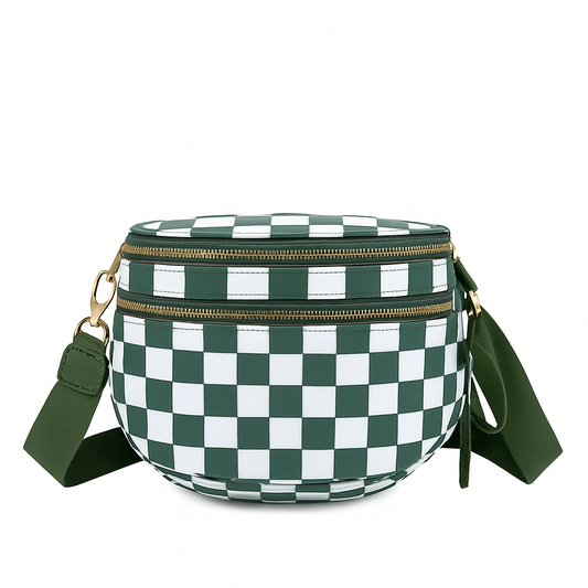 Paulina Nylon Waterproof Multi-Compartment 10" Crossbody Bag: Bean Green Checker