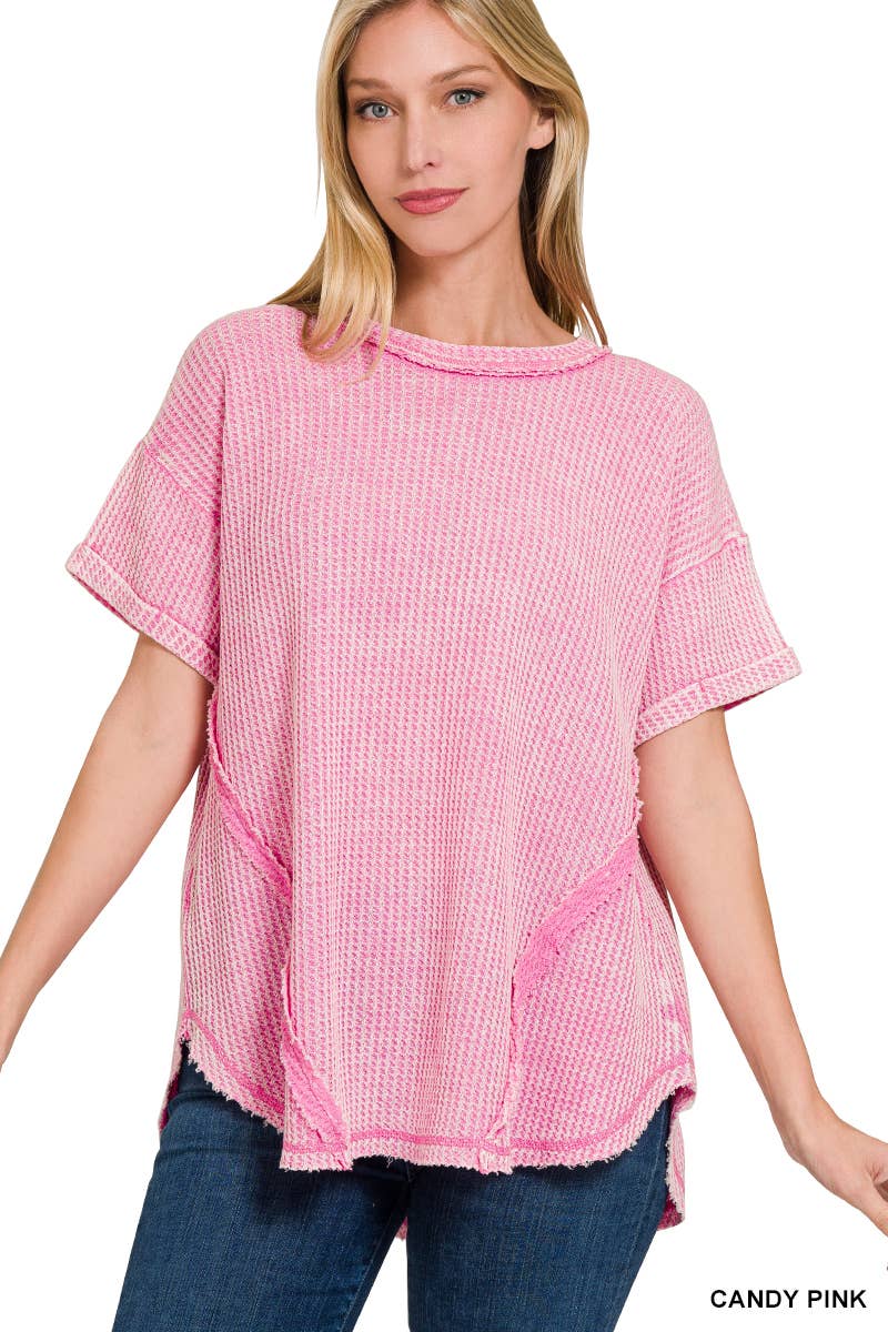 `.Washed Baby Waffle Top w/ back patch: DEEP SKY-162396 / L/XL