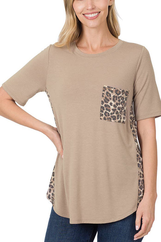 Contrast Side Panel Leopard Front Pocket Top: ASH MOCHA/BROWN / 1-1-2-2 (S-M-L-XL)