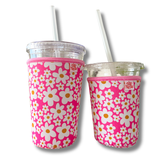 Coffee Cup Cover - Pink Daisy - Iced Drink Sleeve: Small / 16oz