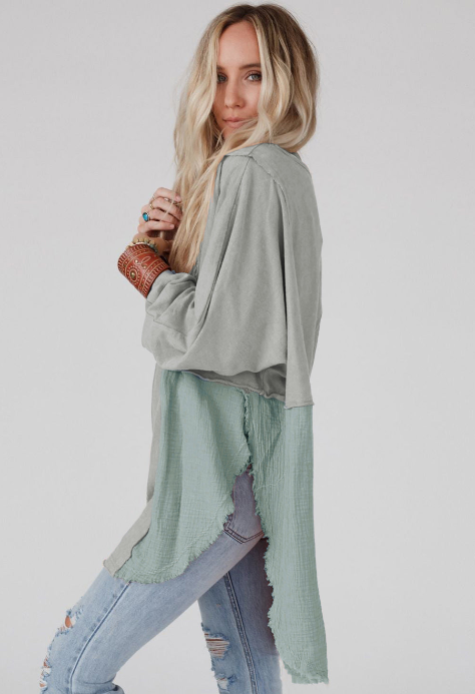Crinkle Splicing Raw Hem High Low Oversized Blouse: Orange / 80%Polyester+20%Cotton / S