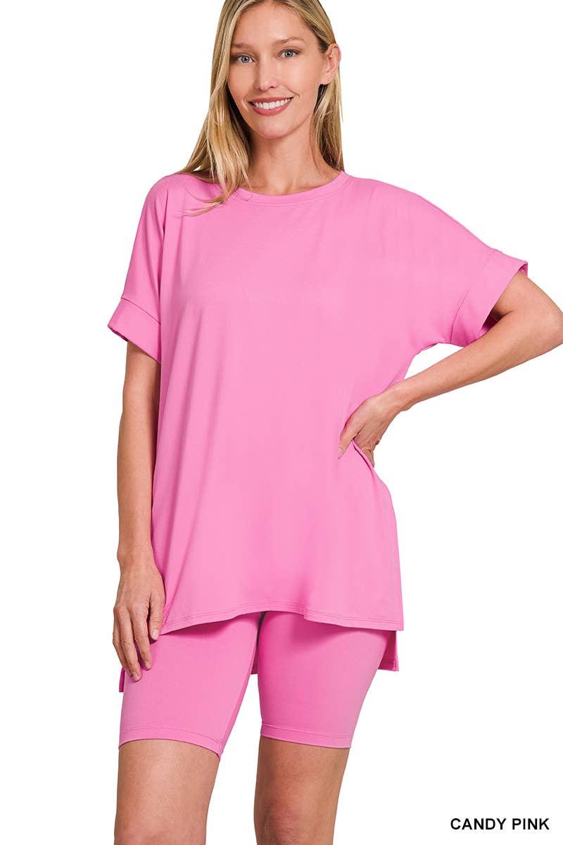`.Microfiber Top & Biker Shorts 2 Pc Set: CORAL-184059 / S