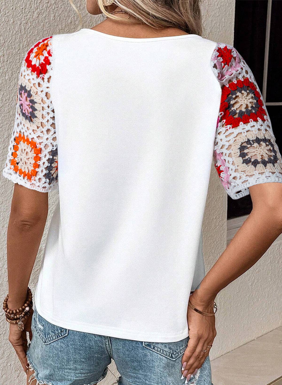 Casual Round Neck Half Sleeve Top Floral Crochet T Shirt: White / 95%Polyester+5%Elastane / M