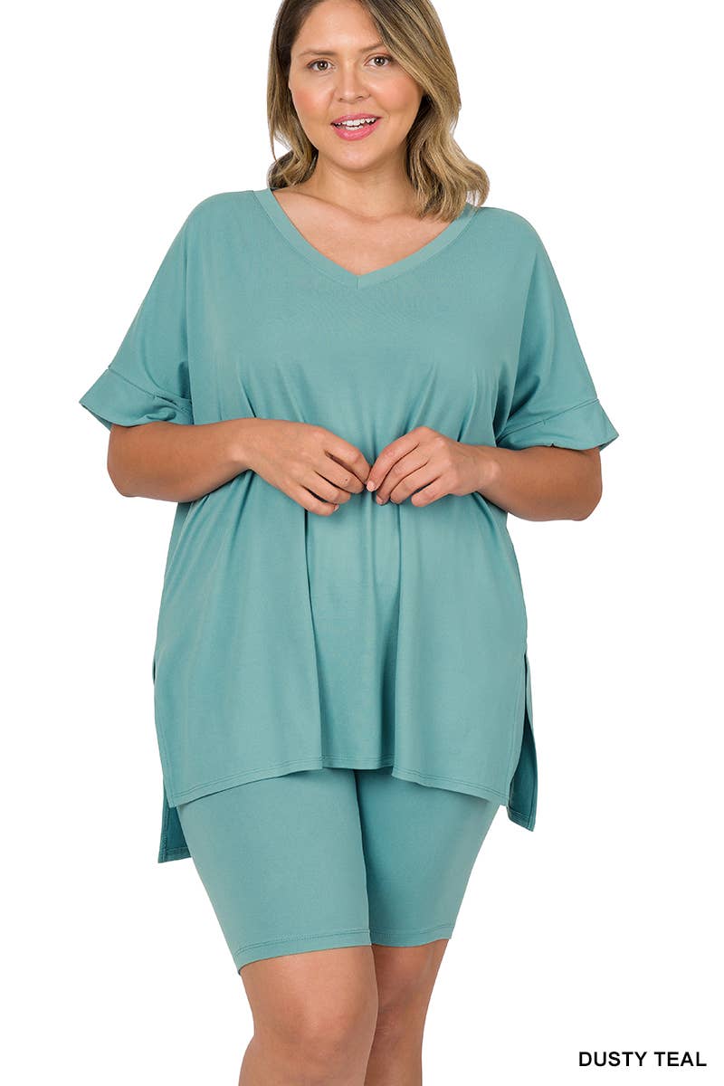 SI-19985 Plus size Hi Low Hem Top & Biker Shorts 2pc Set: +ASHGREY-139919 / 2X