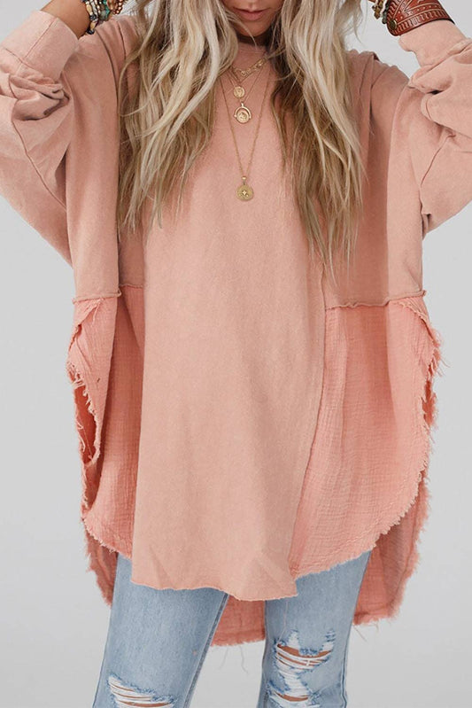 Crinkle Splicing Raw Hem High Low Oversized Blouse: Orange / 80%Polyester+20%Cotton / L