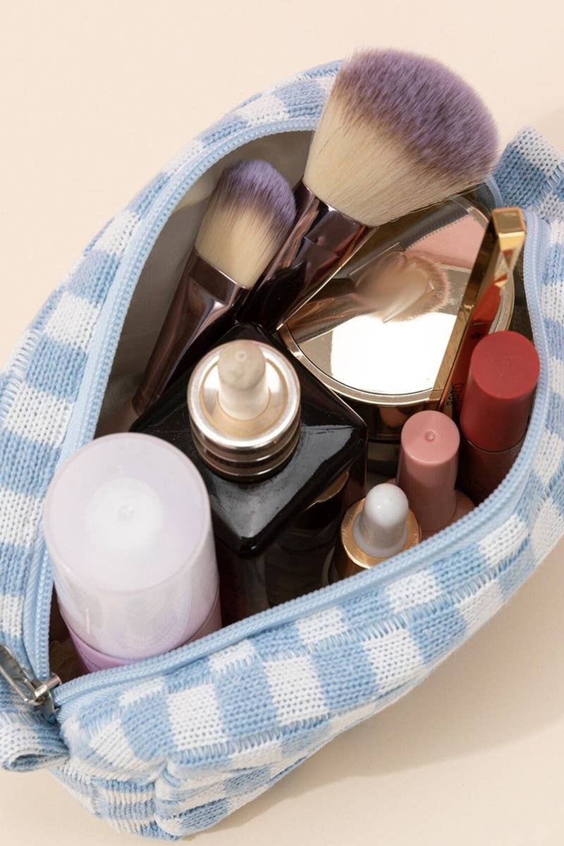 Checkered Makeup Cosmetic Pouch Bag: Blue / 1 (ONE SIZE)