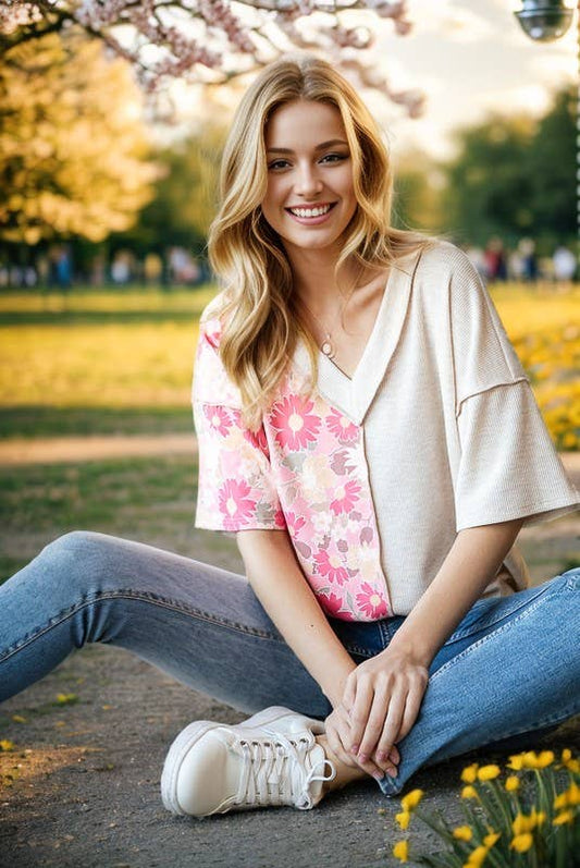 ET7547-12 SOLID AND FLORAL TOP: PEACH / 2-2-2 (S-M-L)