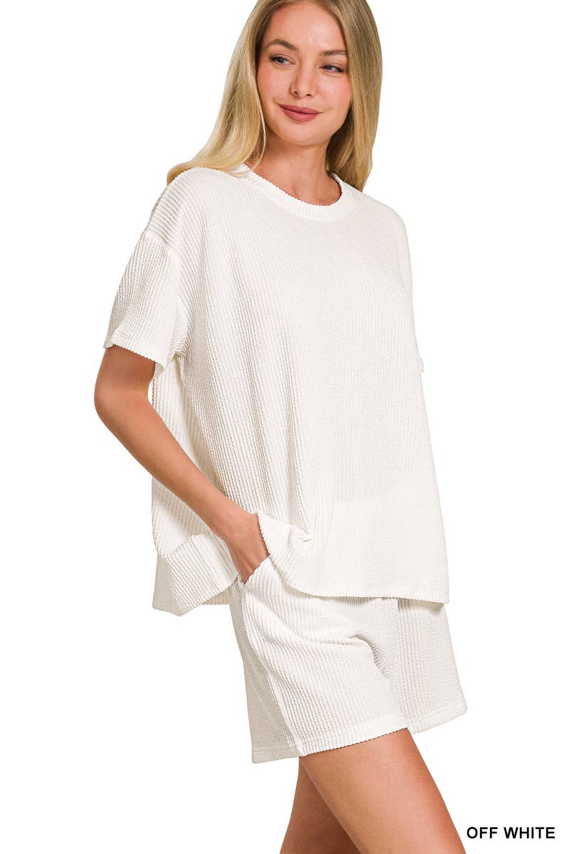 `.Corded Rib Short Sleeve Tee & Short Pants 2PC Set: DUSTY BLUE-183672 / L