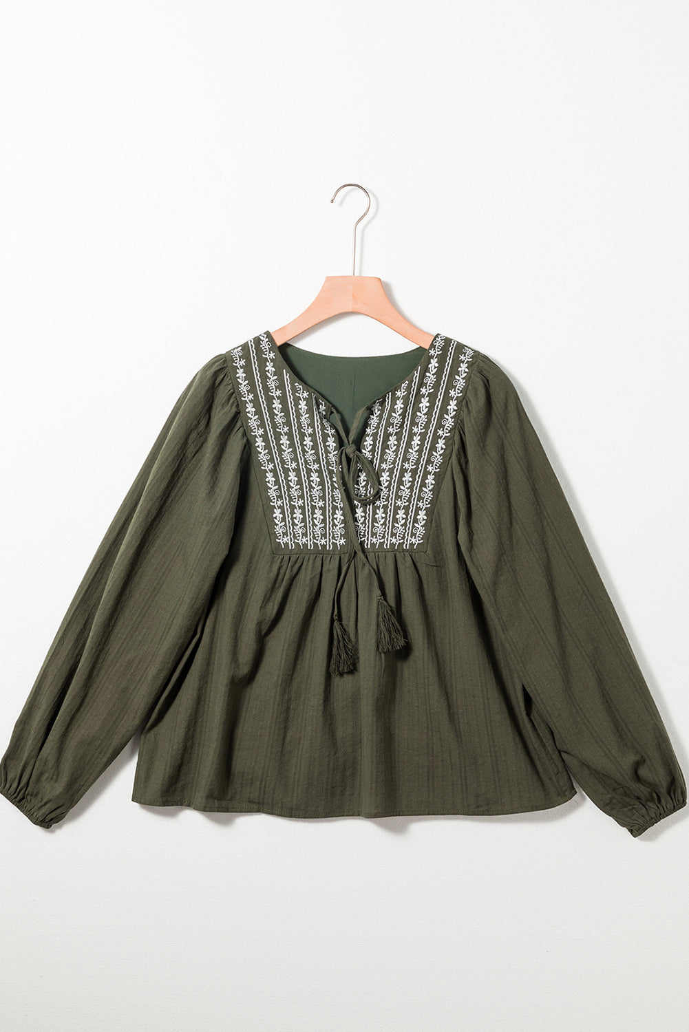 Wholesale Green Embroidered Split Neck Pleated Loose Blouse