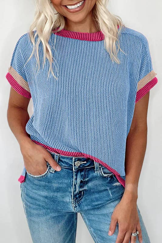 Textured Contrast Trim Round Neck T Shirt: Bright Pink / 75%Polyester+20%Viscose+5%Elastane / S