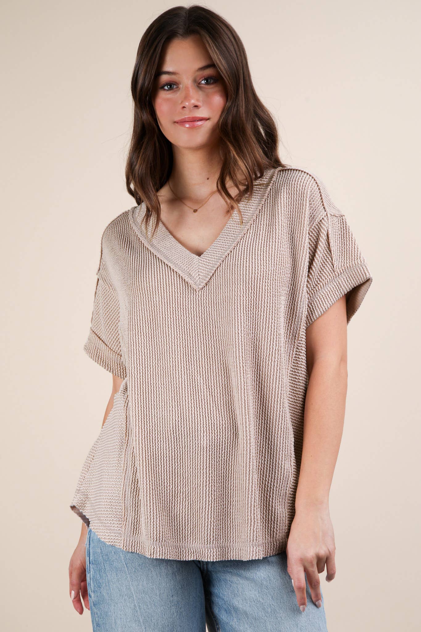 NT12075X-PLUS SIZE Soft Two Tone Casual Comfy Ribbed Knit To: PINK / 1XL-2XL-3XL/3-2-1