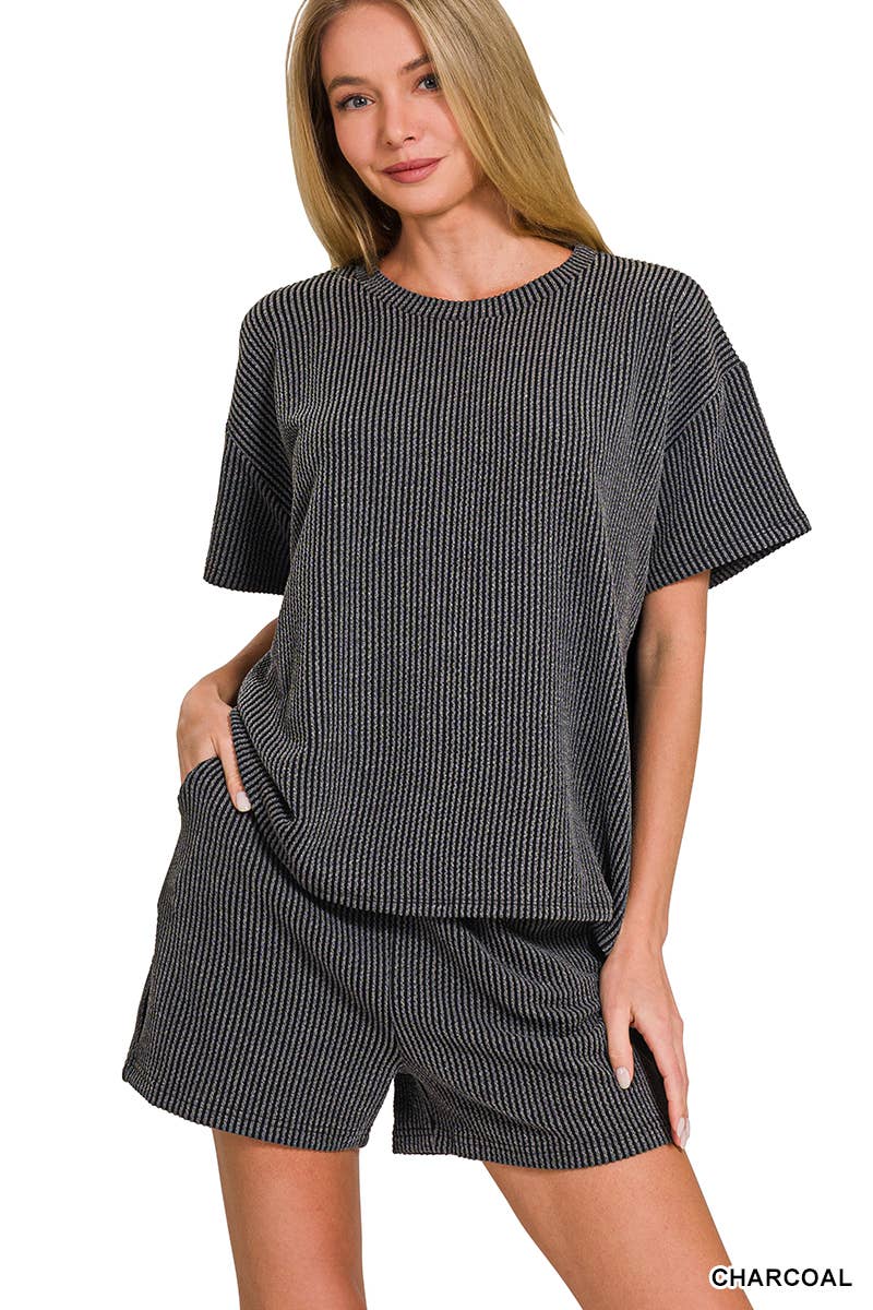 `.Corded Rib Short Sleeve Tee & Short Pants 2PC Set: DUSTY BLUE-183672 / S