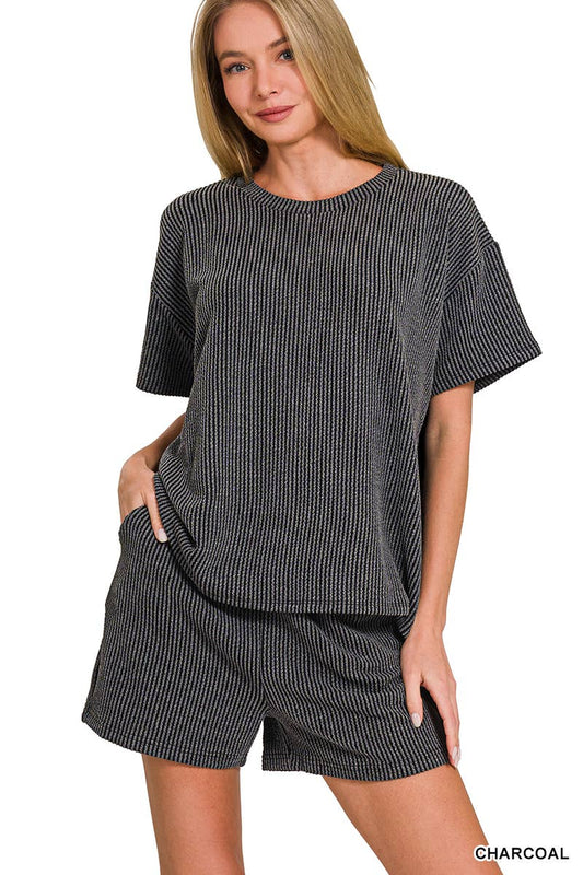 `.Corded Rib Short Sleeve Tee & Short Pants 2PC Set: DUSTY BLUE-183672 / M