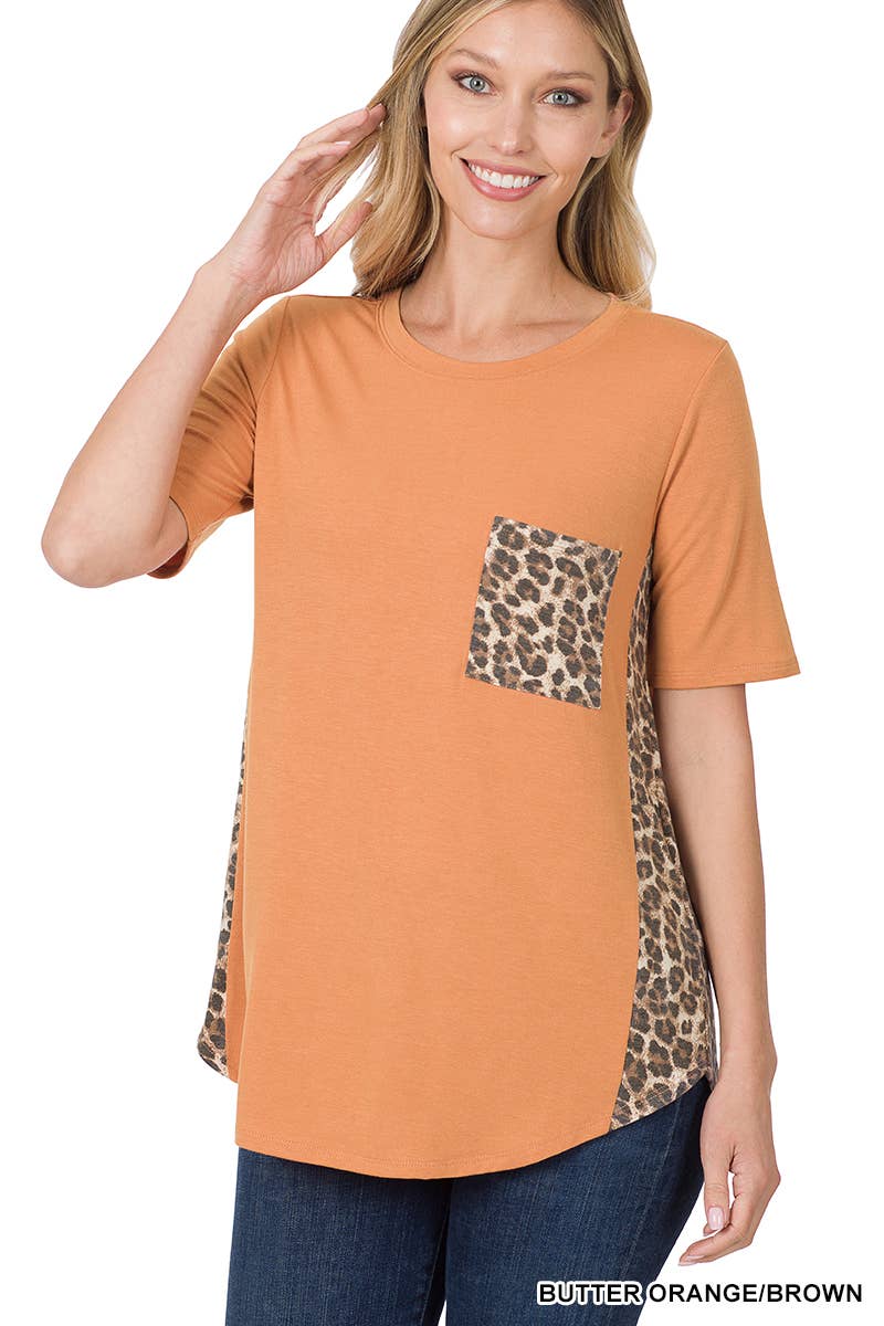 Contrast Side Panel Leopard Front Pocket Top: ASH MOCHA/BROWN / 1-1-2-2 (S-M-L-XL)