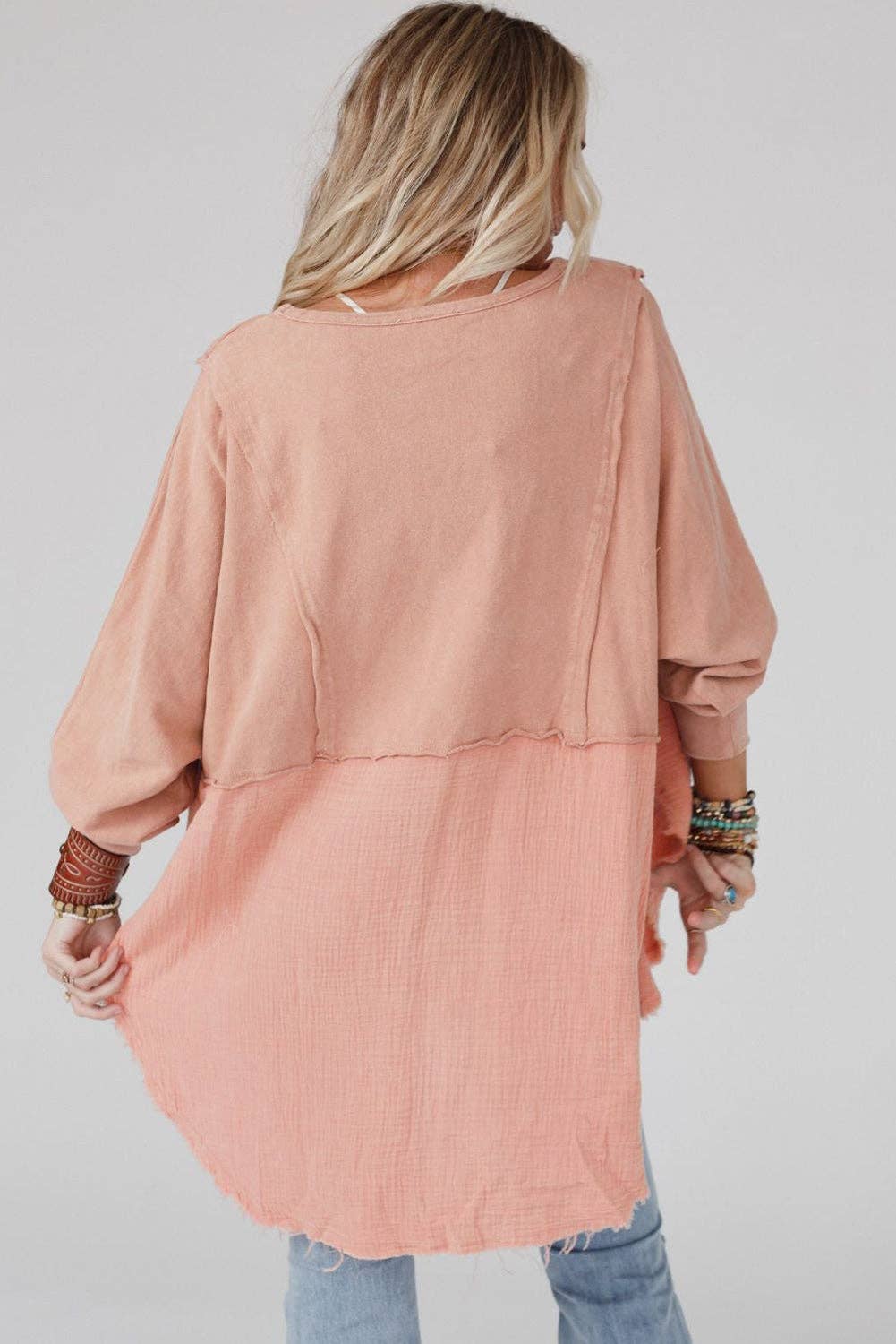 Crinkle Splicing Raw Hem High Low Oversized Blouse: Orange / 80%Polyester+20%Cotton / S