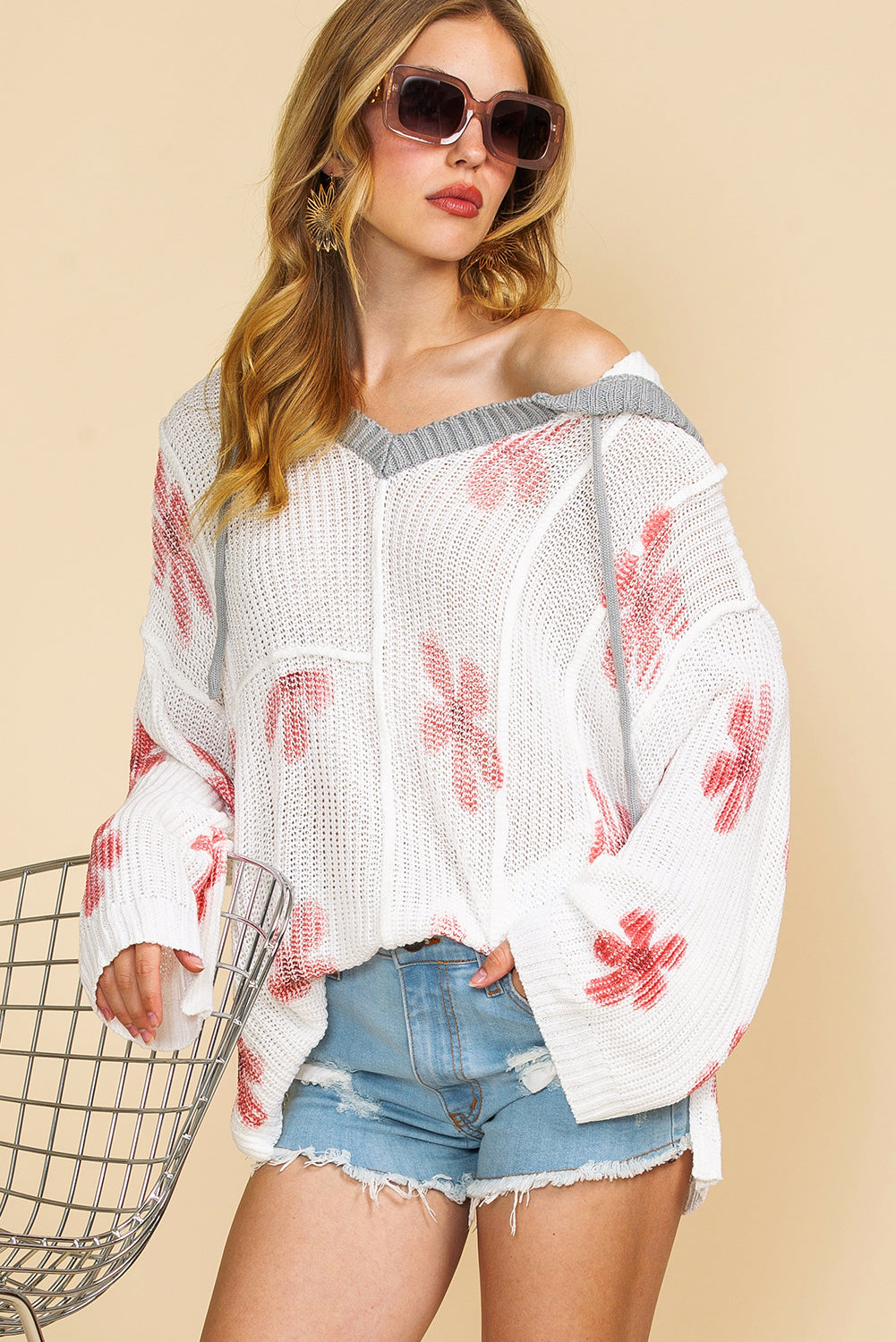 Wholesale White 60s Floral Print Oversized Knit Hooded Sweater