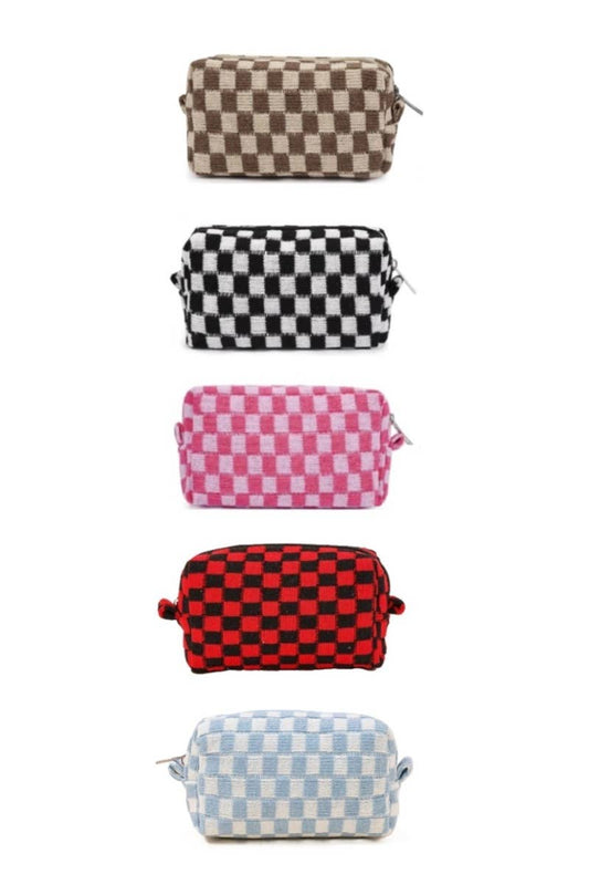 Checkered Makeup Cosmetic Pouch Bag: Pink / 1 (ONE SIZE)
