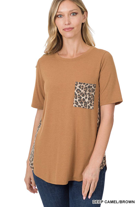 Contrast Side Panel Leopard Front Pocket Top: DEEP CAMEL/BROWN / 1-1-2-2 (S-M-L-XL)