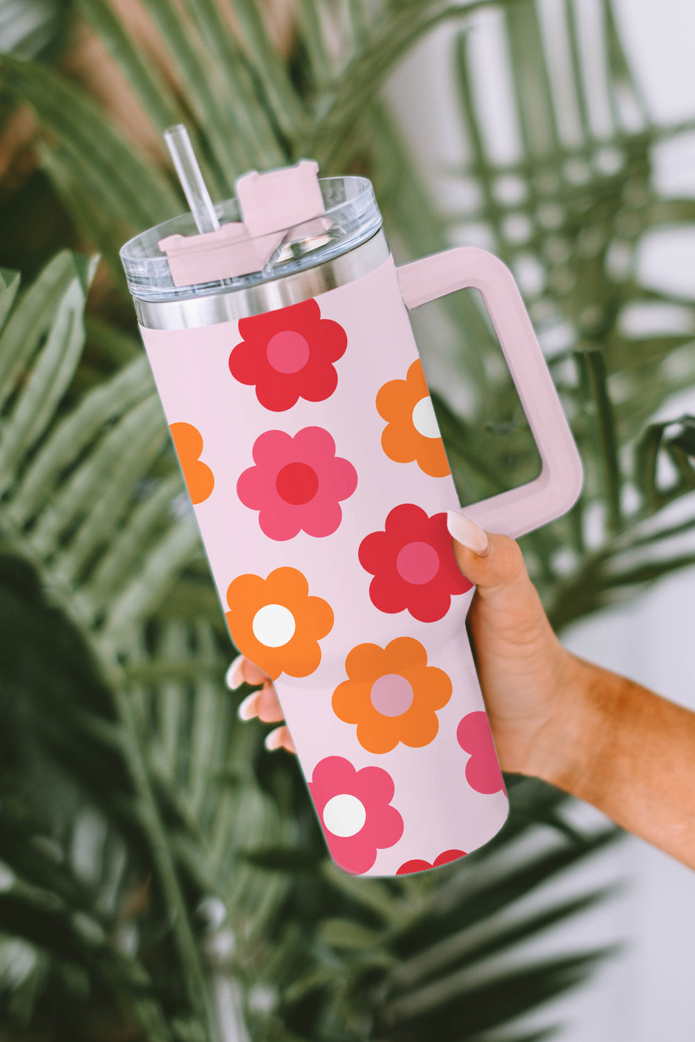 Multicolor 60s Flower Print Handled Stainless Steel Tumbler