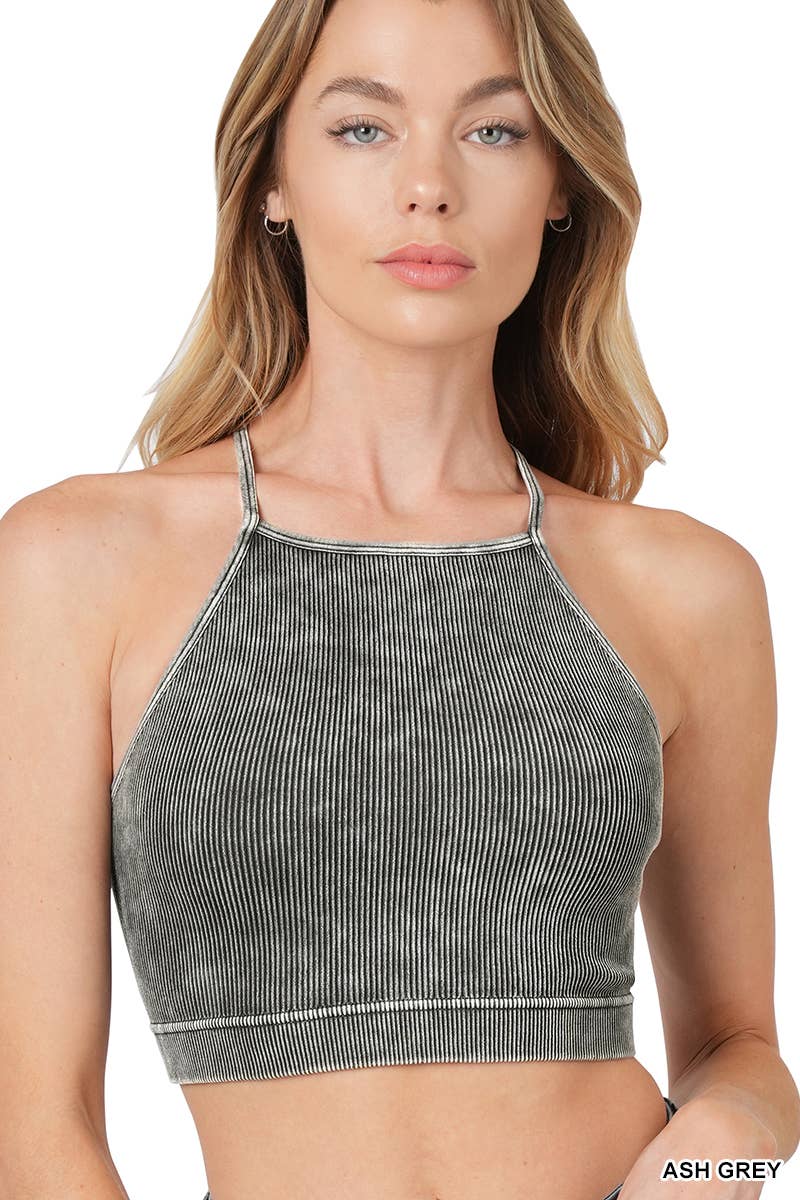 ".....Washed Seamless Halter Crop Tank: BLACK-151939 / L/XL