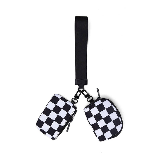 Marisa Alternative Nylon Dual Pouch Wristlet Strap Wallet: Black White Checker