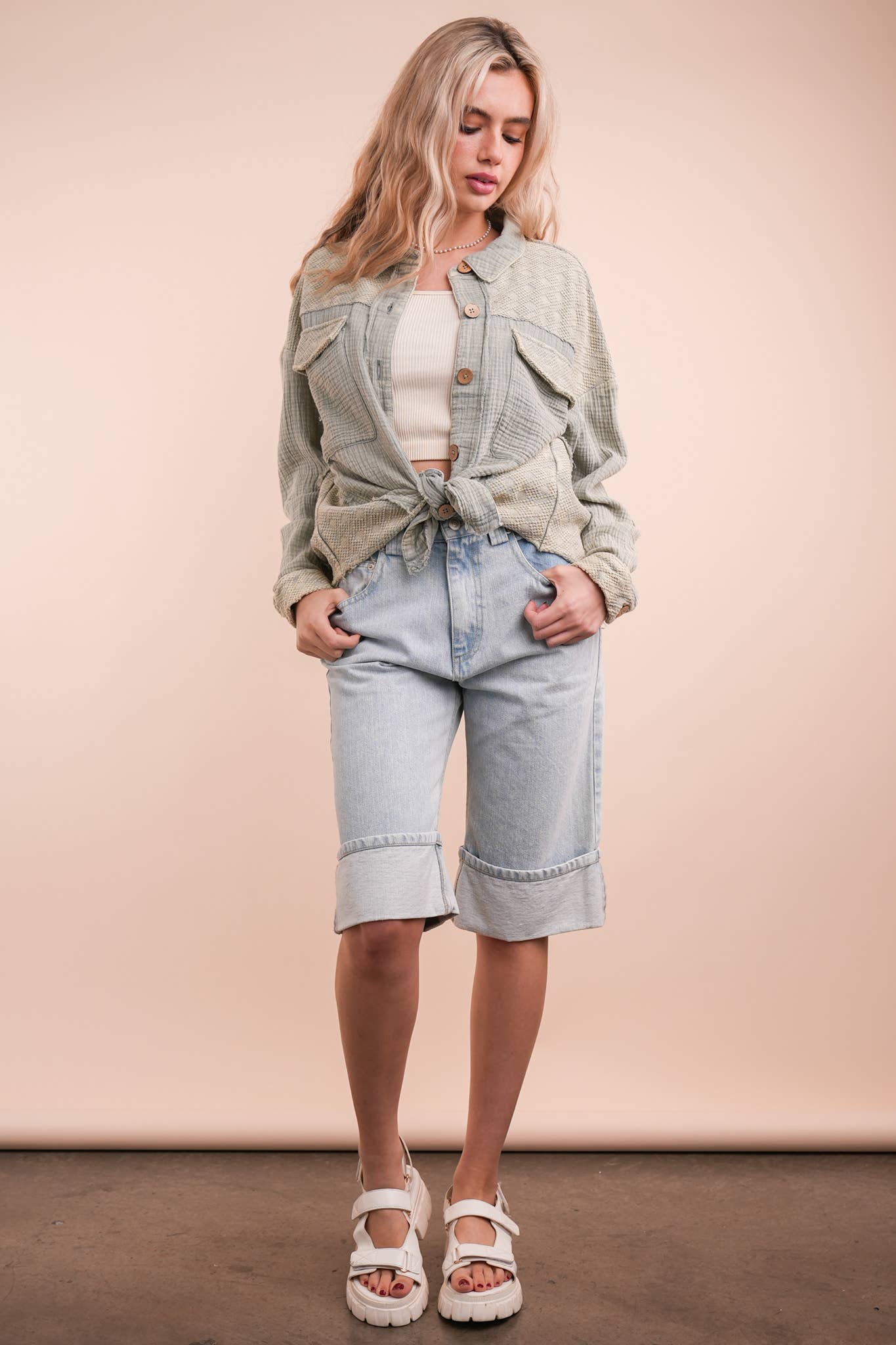 NJ90360-Mineral Washed Oversized Gauze Shacket Jacket: TAUPE / S-M-L/2-2-2