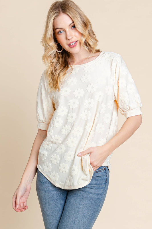 TA2174 Daisy Embroidered Puff Sleeve Top: Cream / Solid / XL