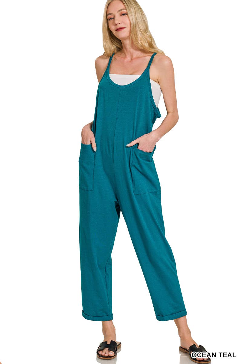 `.Spaghetti Strap Pocketed Jumpsuit: DK OLIVE-171541 / S/M