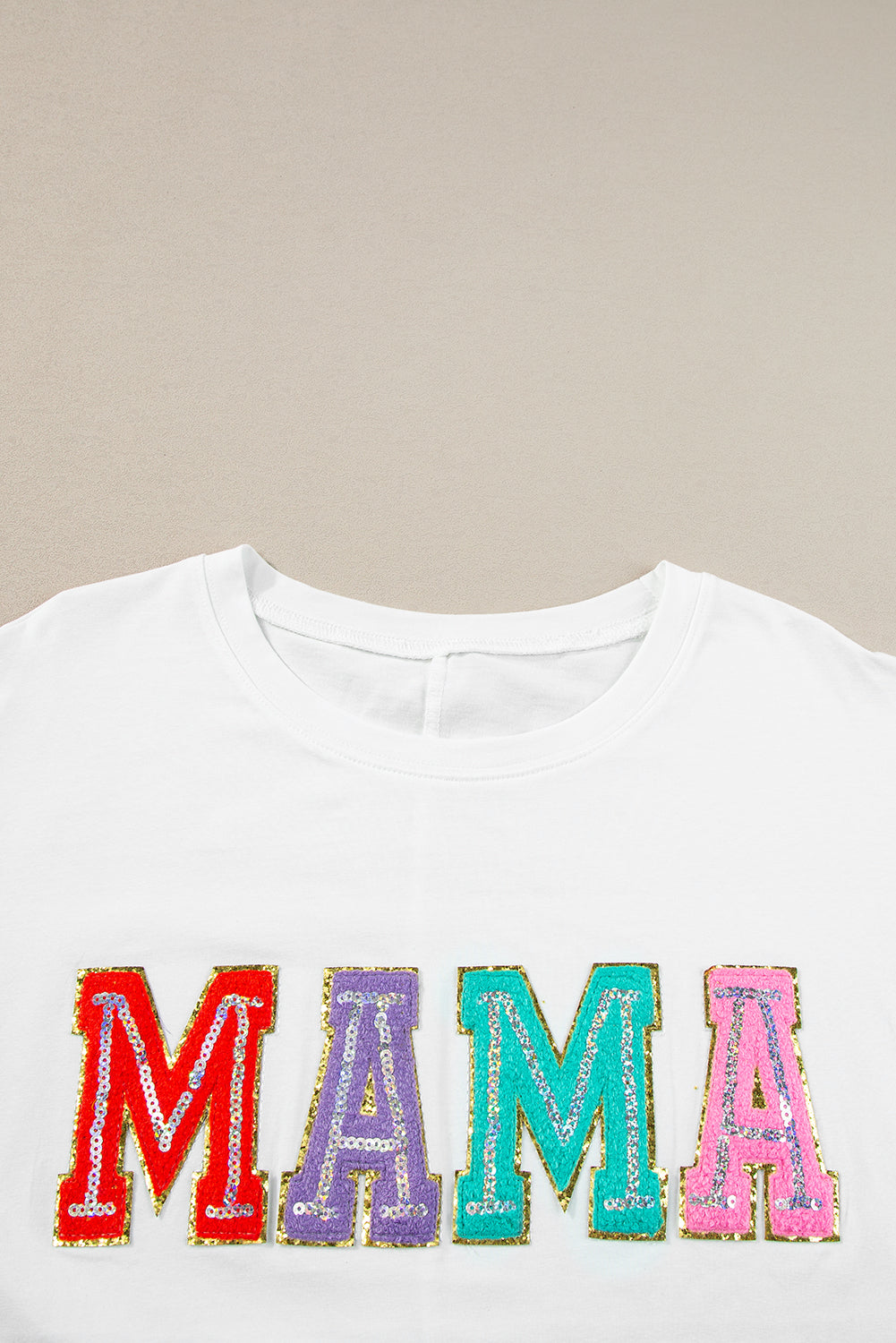 White MAMA Chenille Patched Crew Neck T Shirt