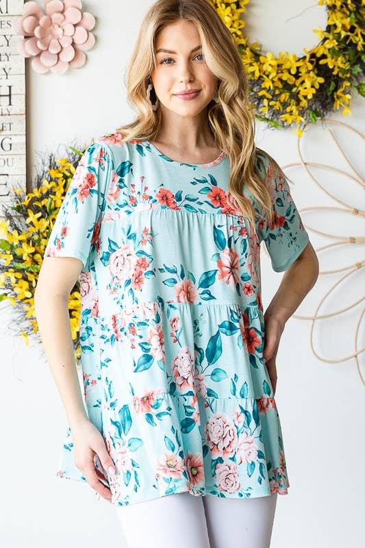 ET7279-10  FLORAL TIERED TOP: MINT / 2-2-2 (S-M-L)