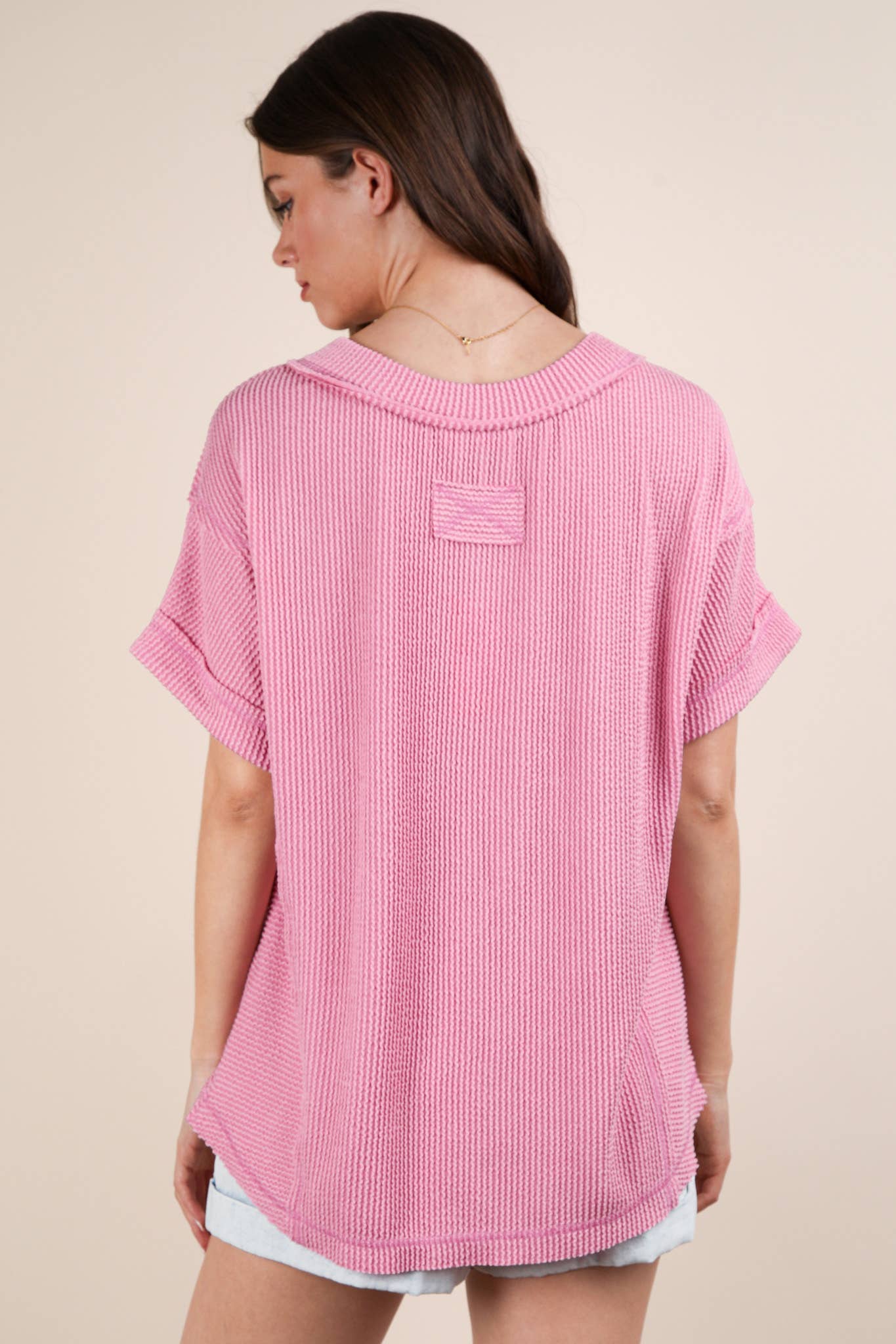 NT12075X-PLUS SIZE Soft Two Tone Casual Comfy Ribbed Knit To: PINK / 1XL-2XL-3XL/3-2-1