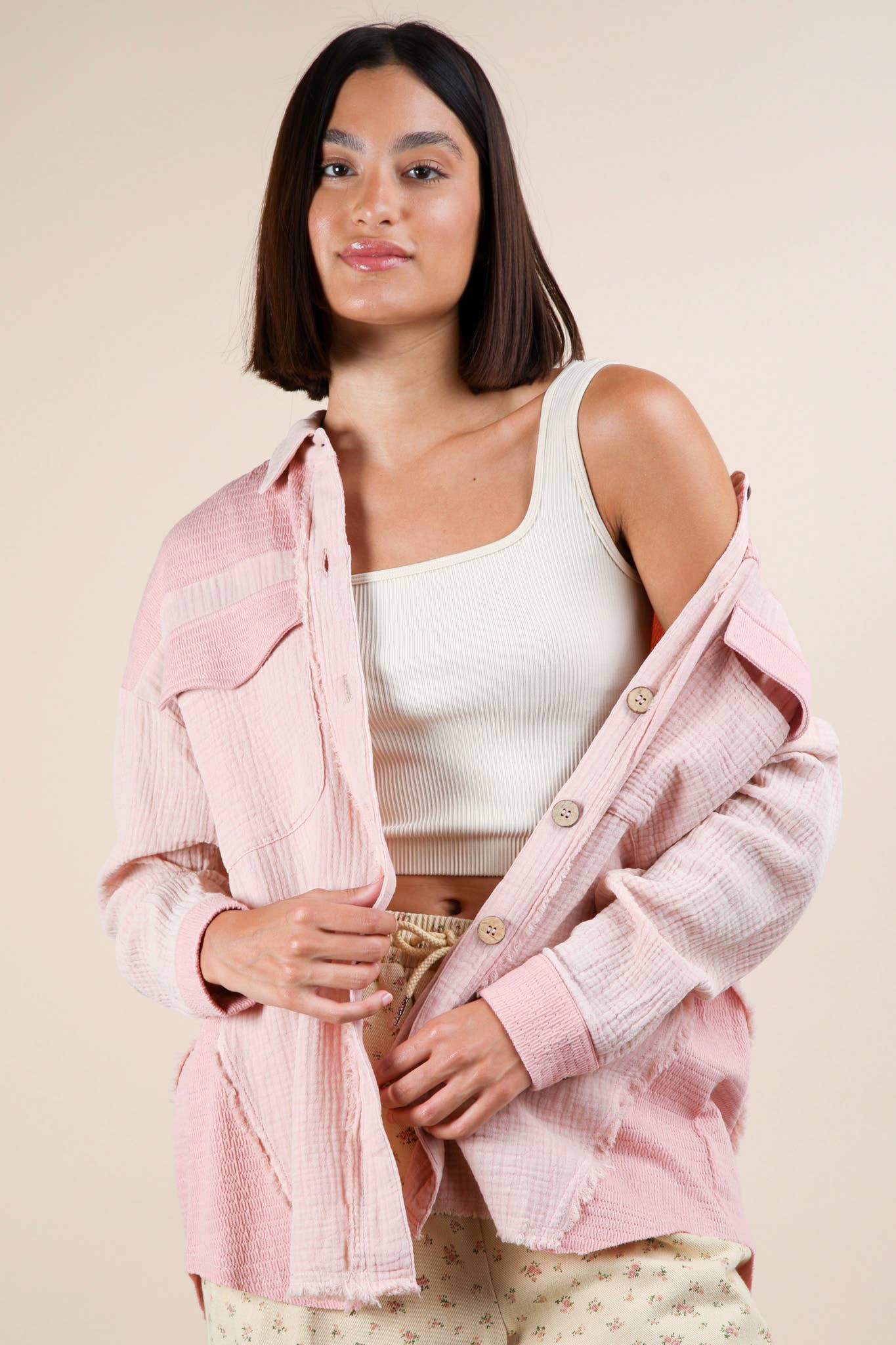 NJ90360-Mineral Washed Oversized Gauze Shacket Jacket: DENIM / S-M-L/2-2-2